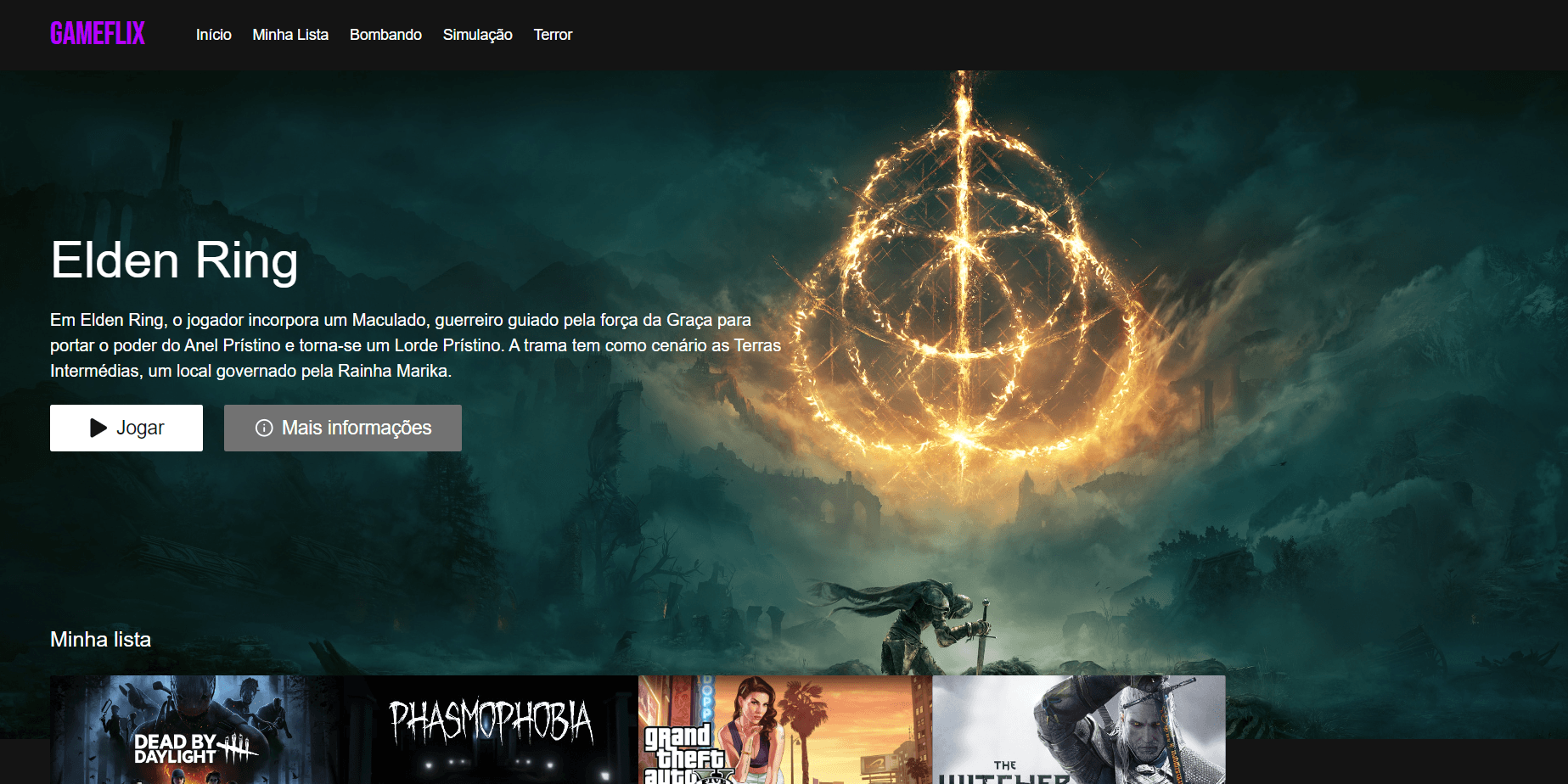 Imagem da página inicial do meu projeto do gameflix